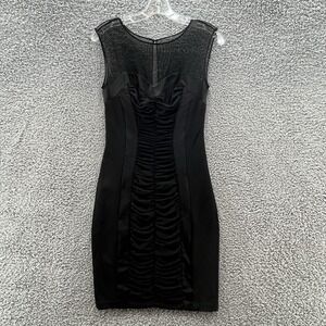 VTG 90s Cache Dress Womens 4 Black Ruched Sheer Mini Bodycon Party Sheath